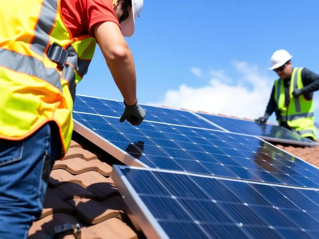 Técnicos instalando painéis solares no telhado de uma casa