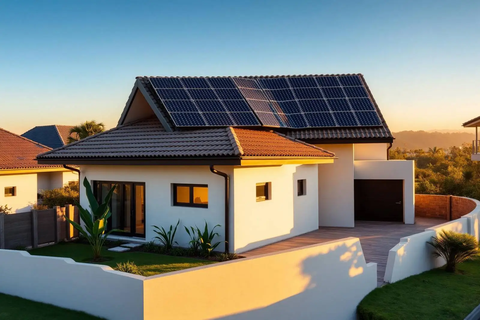 Usina de energia solar fotovoltaica ao pôr do sol